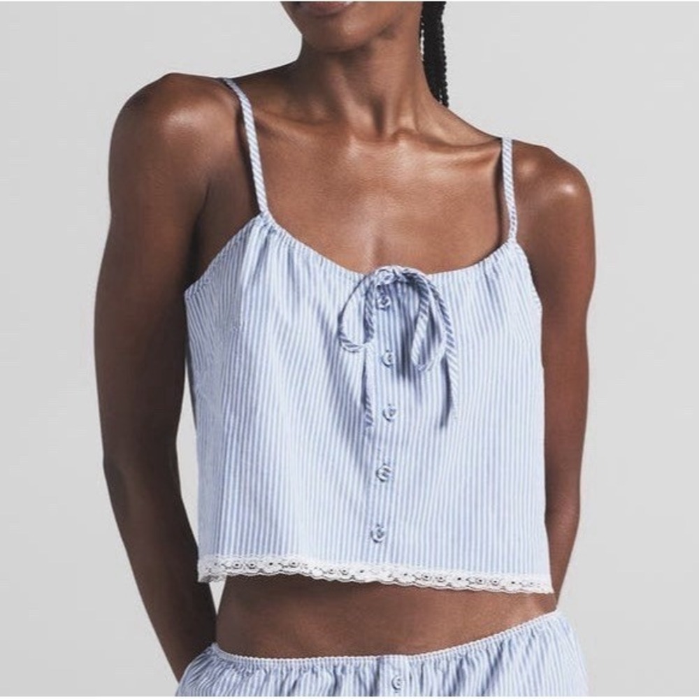 NWT SKIMS Sz XL Cadet Blue Stripe Cotton Poplin Sleep Cami Tank Lace Trim